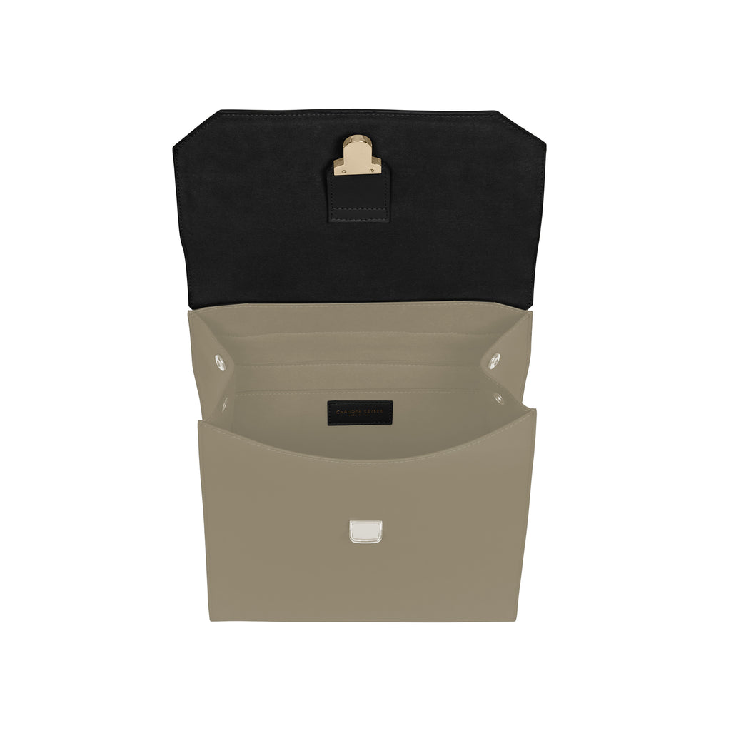 Inside the Leather Backpack Lo Zaino Designer Luxury Backpack Black and Taupe Made in Italy Crossbody Top Handle Satchel. Sustaianle Luxury. Minimalist Style Bag