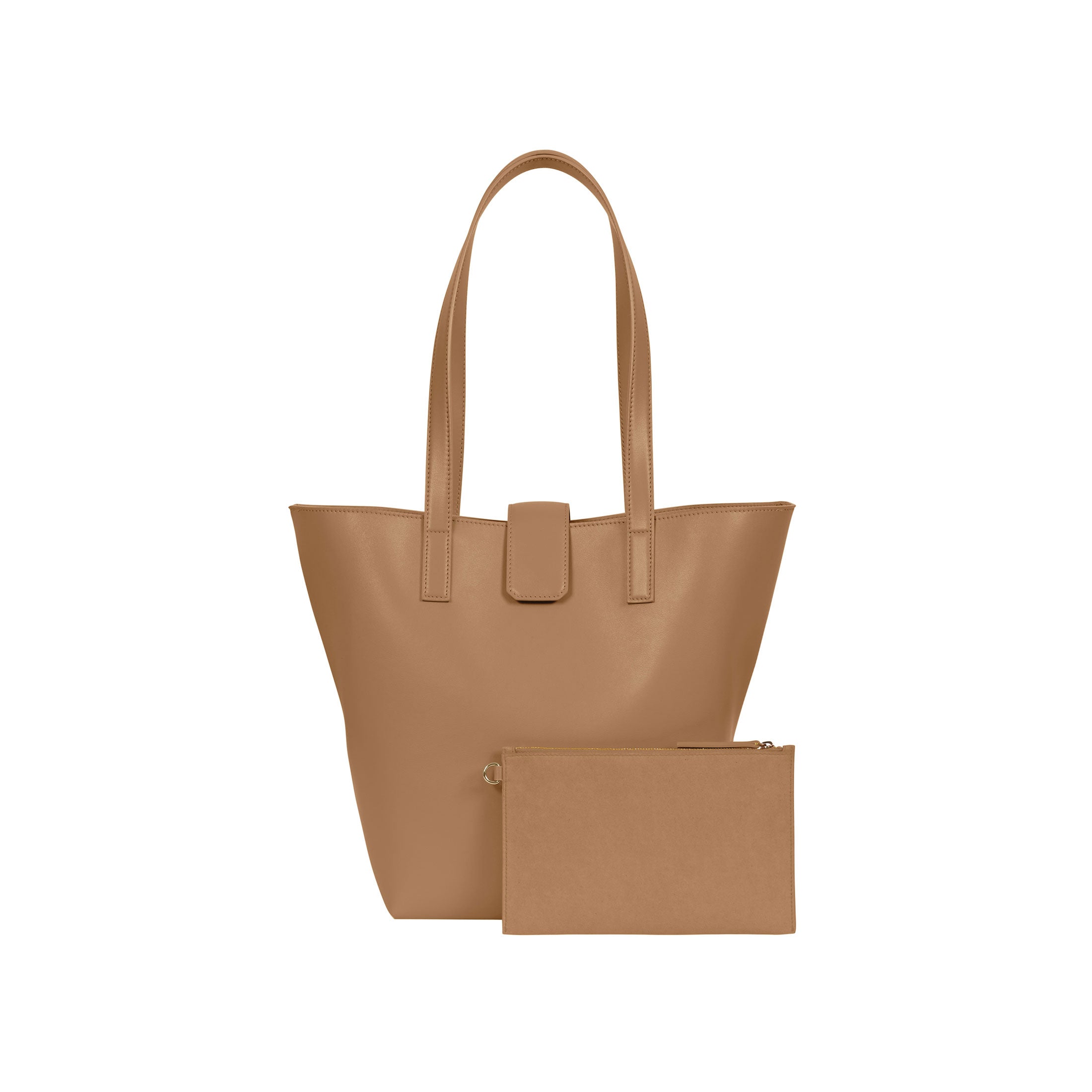 Lightweight bucket bag has two shoulder straps, snap closure, separate micro-suede zip pouch and inside clasp to contract and expand bag  100% leather, smooth matte texture Magnet snap closure Micro-suede lining Two shoulder straps, 10” drop Micro-suede zip pouch can easily be attached to inside of bag Tote measures: 12”h x 11”w x 4”d Pouch measures: 5”h x 8”w x .5”d Dust bag included Handcrafted by artisans in a family-owned factory Exclusively Made in Italy