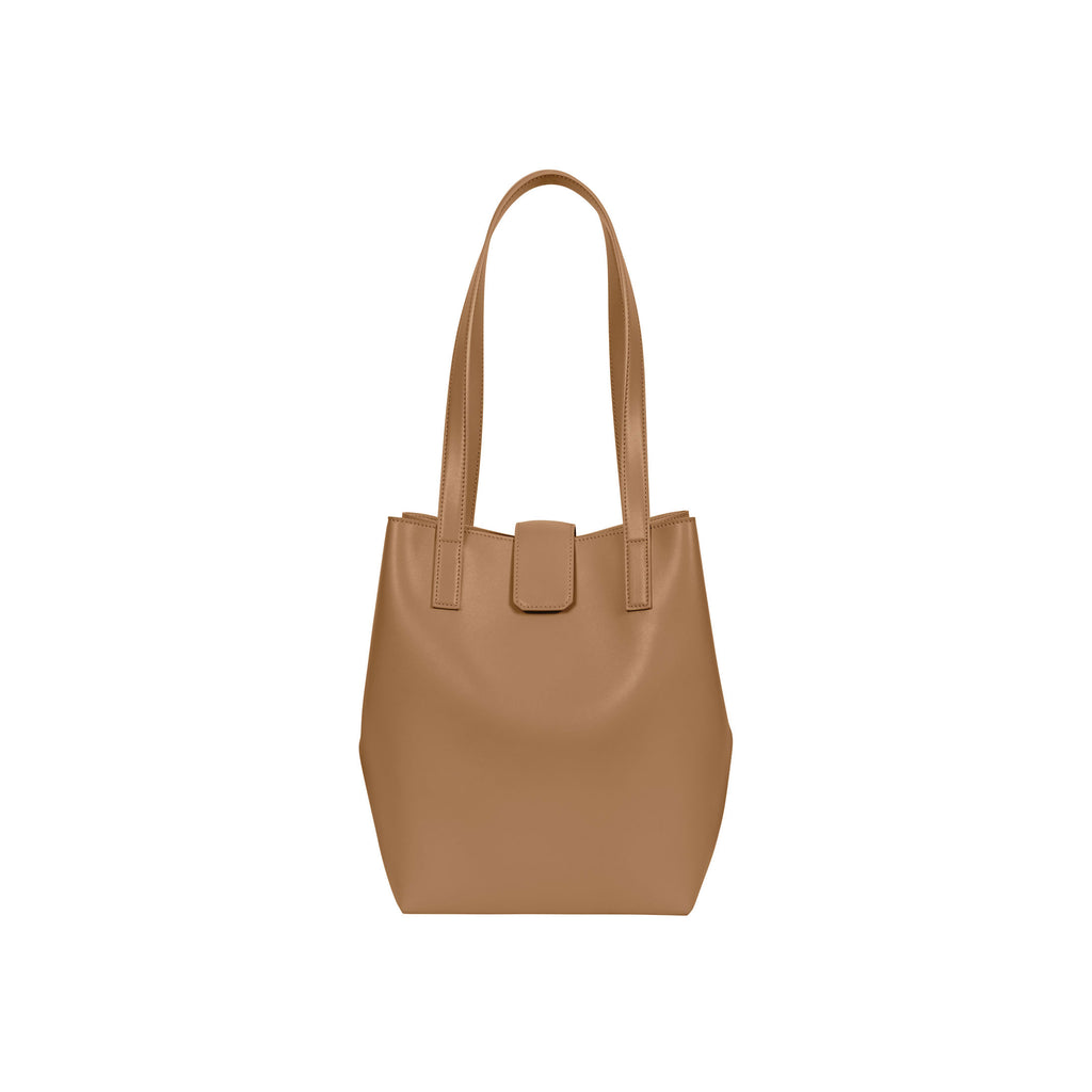 Lightweight bucket bag has two shoulder straps, snap closure, separate micro-suede zip pouch and inside clasp to contract and expand bag  100% leather, smooth matte texture Magnet snap closure Micro-suede lining Two shoulder straps, 10” drop Micro-suede zip pouch can easily be attached to inside of bag Tote measures: 12”h x 11”w x 4”d Pouch measures: 5”h x 8”w x .5”d Dust bag included Handcrafted by artisans in a family-owned factory Exclusively Made in Italy