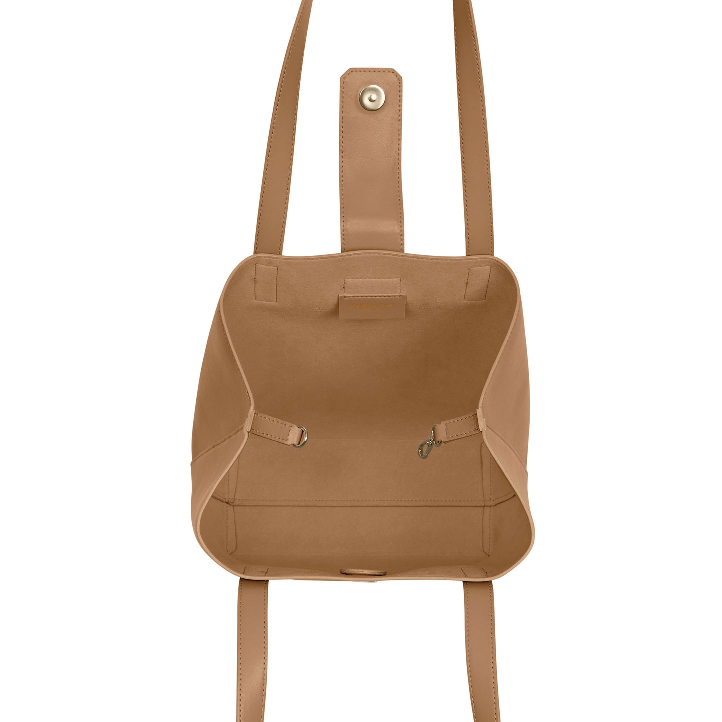 Lightweight bucket bag has two shoulder straps, snap closure, separate micro-suede zip pouch and inside clasp to contract and expand bag  100% leather, smooth matte texture Magnet snap closure Micro-suede lining Two shoulder straps, 10” drop Micro-suede zip pouch can easily be attached to inside of bag Tote measures: 12”h x 11”w x 4”d Pouch measures: 5”h x 8”w x .5”d Dust bag included Handcrafted by artisans in a family-owned factory Exclusively Made in Italy