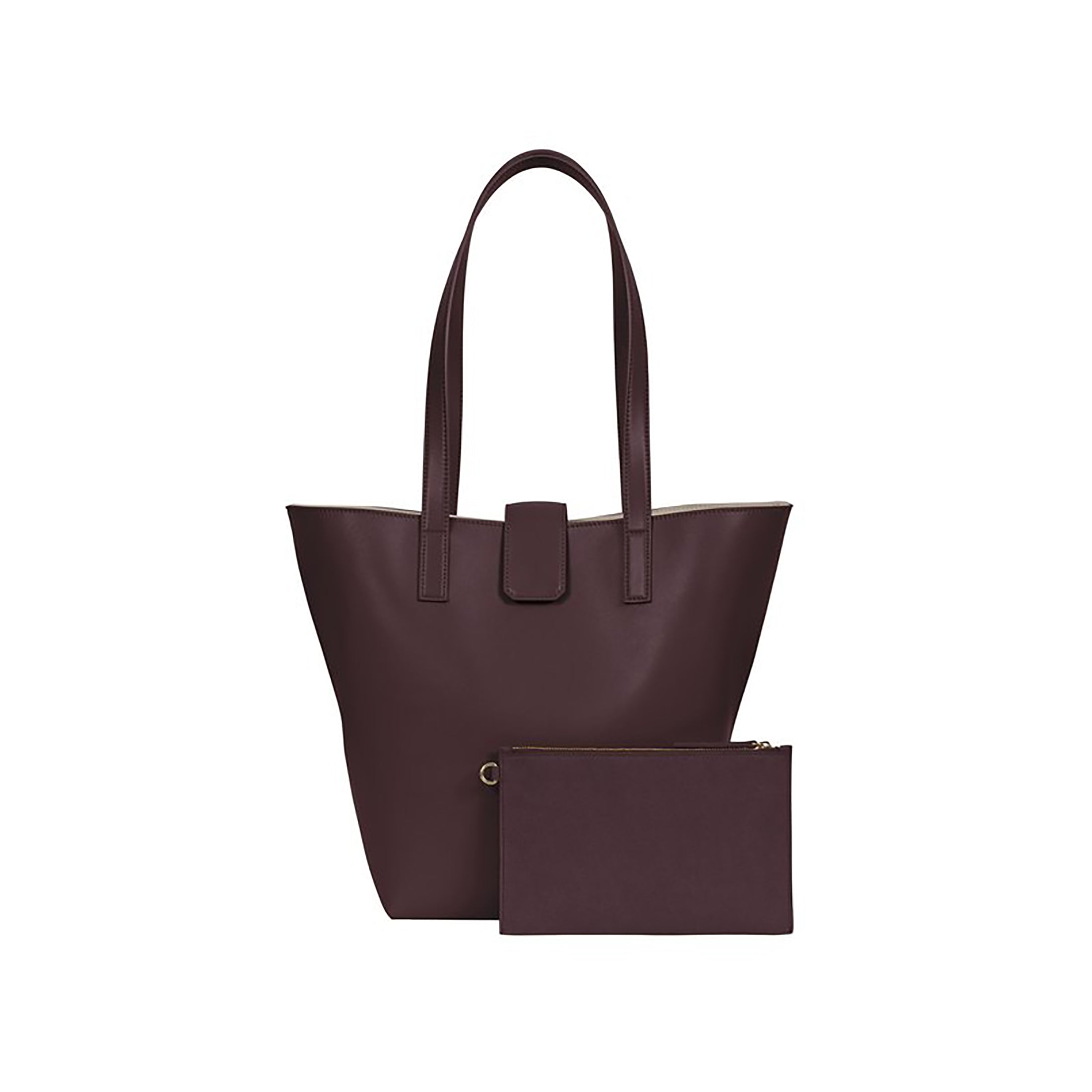 Lightweight bucket bag has two shoulder straps, snap closure, separate micro-suede zip pouch and inside clasp to contract and expand bag  100% leather, smooth matte texture Magnet snap closure Micro-suede lining Two shoulder straps, 10” drop Micro-suede zip pouch can easily be attached to inside of bag Tote measures: 12”h x 11”w x 4”d Pouch measures: 5”h x 8”w x .5”d Dust bag included Handcrafted by artisans in a family-owned factory Exclusively Made in Italy