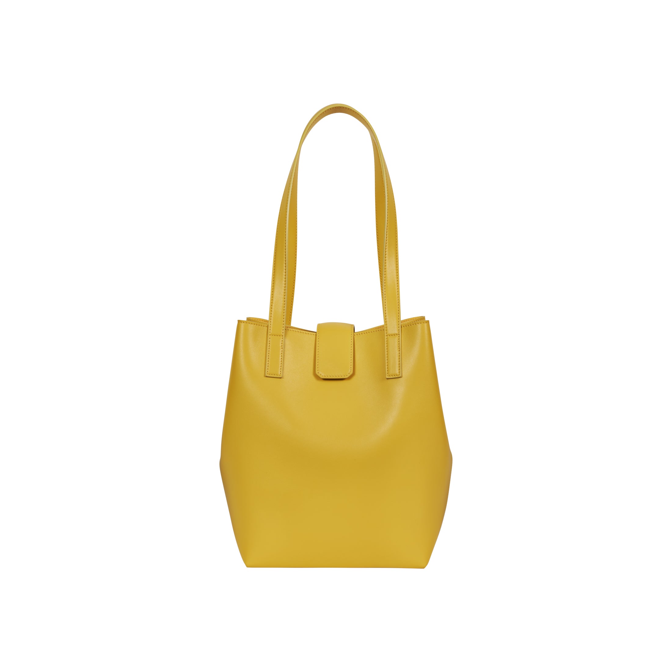 Lightweight bucket bag has two shoulder straps, snap closure, separate micro-suede zip pouch and inside clasp to contract and expand bag  100% leather, smooth matte texture Magnet snap closure Micro-suede lining Two shoulder straps, 10” drop Micro-suede zip pouch can easily be attached to inside of bag Tote measures: 12”h x 11”w x 4”d Pouch measures: 5”h x 8”w x .5”d Dust bag included Handcrafted by artisans in a family-owned factory Exclusively Made in Italy Yellow