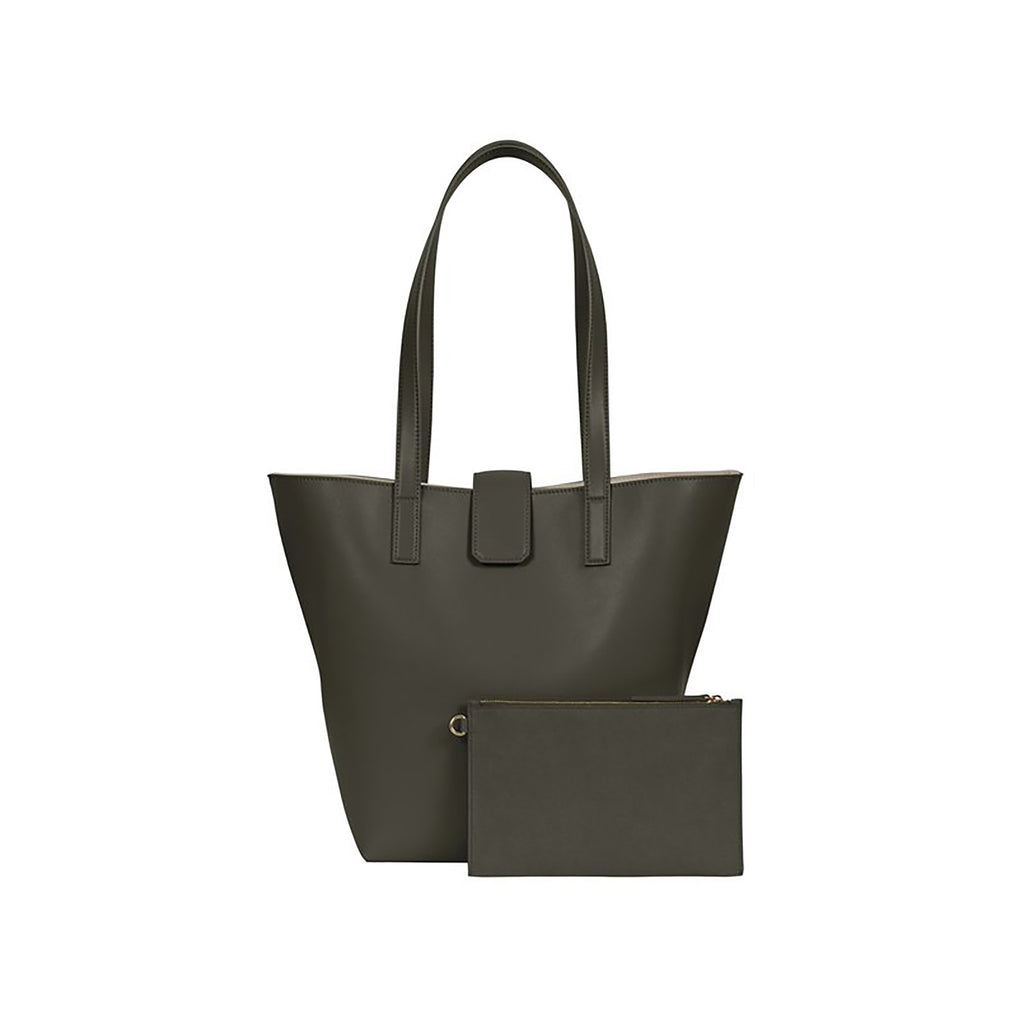 Lightweight bucket bag has two shoulder straps, snap closure, separate micro-suede zip pouch and inside clasp to contract and expand bag  100% leather, smooth matte texture Magnet snap closure Micro-suede lining Two shoulder straps, 10” drop Micro-suede zip pouch can easily be attached to inside of bag Tote measures: 12”h x 11”w x 4”d Pouch measures: 5”h x 8”w x .5”d Dust bag included Handcrafted by artisans in a family-owned factory Exclusively Made in Italy Military Green