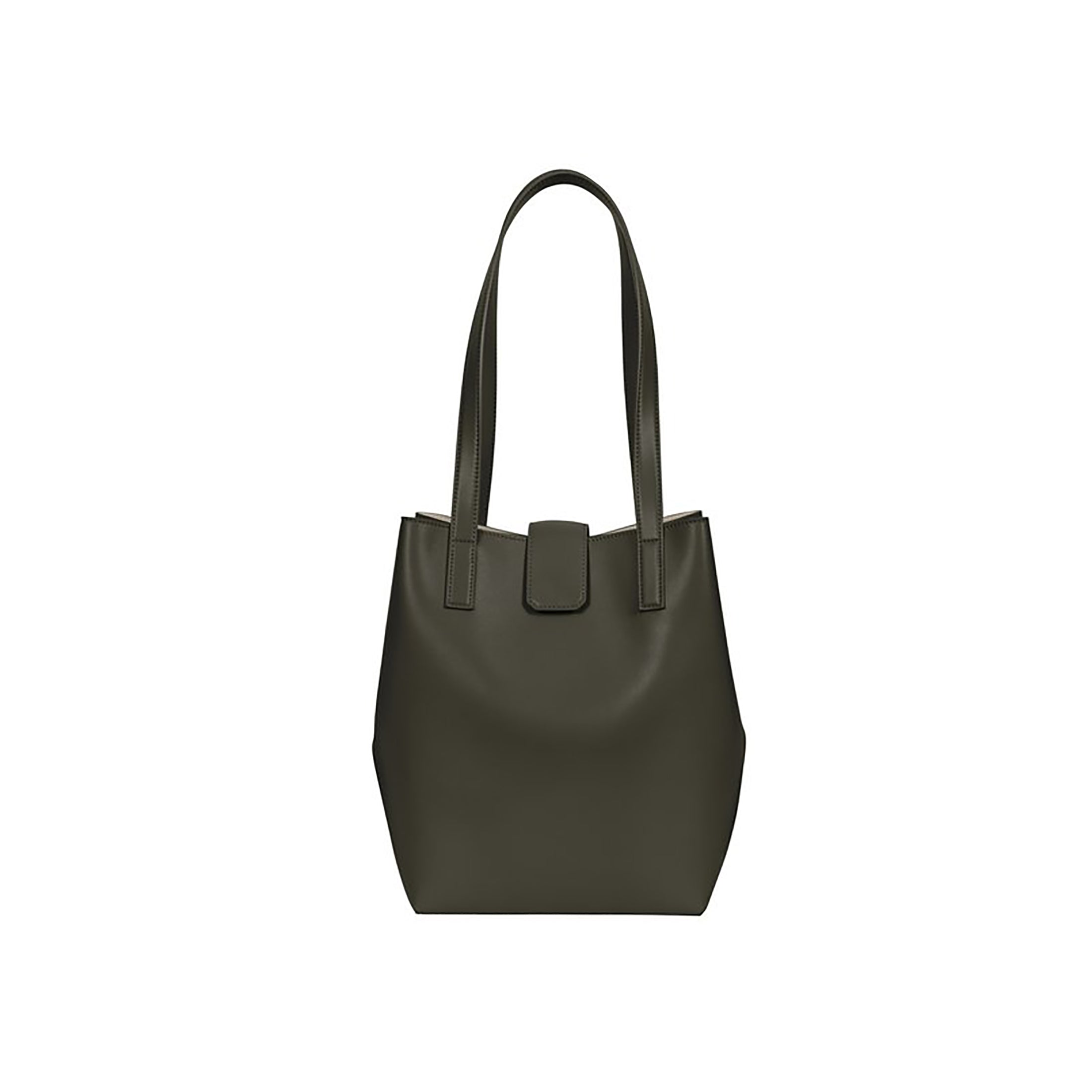 dark green luxury bag Lightweight bucket bag has two shoulder straps, snap closure, separate micro-suede zip pouch and inside clasp to contract and expand bag  100% leather, smooth matte texture Magnet snap closure Micro-suede lining Two shoulder straps, 10” drop Micro-suede zip pouch can easily be attached to inside of bag Tote measures: 12”h x 11”w x 4”d Pouch measures: 5”h x 8”w x .5”d Dust bag included Handcrafted by artisans in a family-owned factory Exclusively Made in Italy Military Green