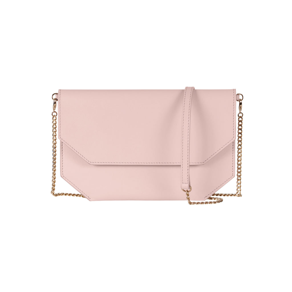 Chandra Keyser Andiamo Light Pink Crossbody with chain strap. petite pink evening clutch