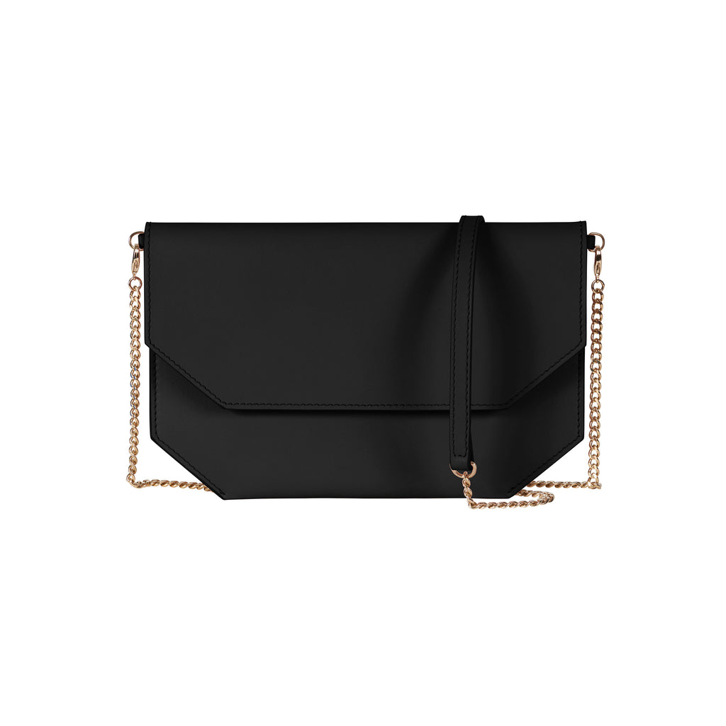 Chandra Keyser Andiamo Black Crossbody with chain strap. petite black evening clutch