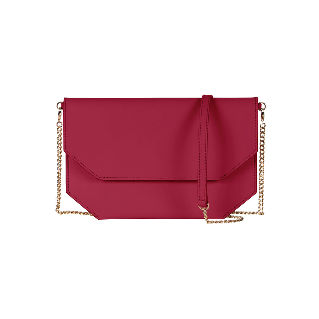 Chandra Keyser Andiamo Bright Pink Crossbody with chain strap. petite red evening clutch