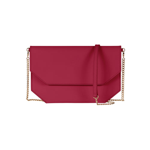 Chandra Keyser Andiamo Bright Pink Crossbody with chain strap. petite red evening clutch