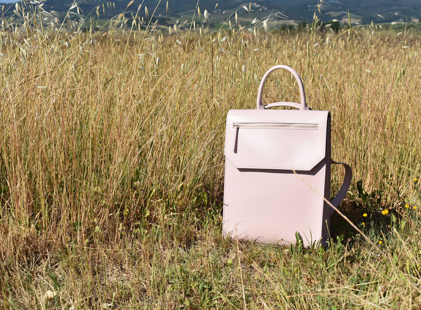 Sitting in Tall Grass, Lo Zaino Pink Backpack, minimalist style handbag made with smooth matte leather, by Chandra Keyser